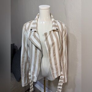 Lulus Striped Moto Jacket Cream Tan Asymmetrical Zip Lightweight Size L